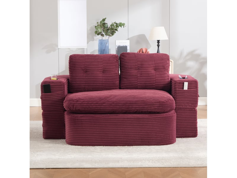  Canapé 2 places modenvie 2 en 1 avec fonction chaise longue, accoudoirs amovibles, porte-gobelets et velours côtelé rouge vin  - Conforama B