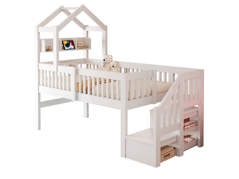 Lit mezzanine mi-hauteur enfant 90x200 cm avec rangements et éclairage led blanc - Conforama A