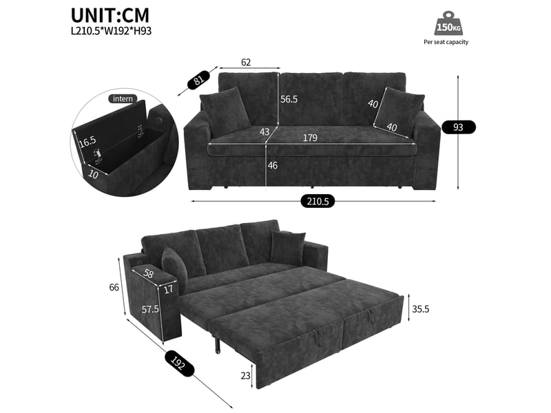 Canapé convertible 3 places avec rangement et ports usb en chenille grise - Conforama E