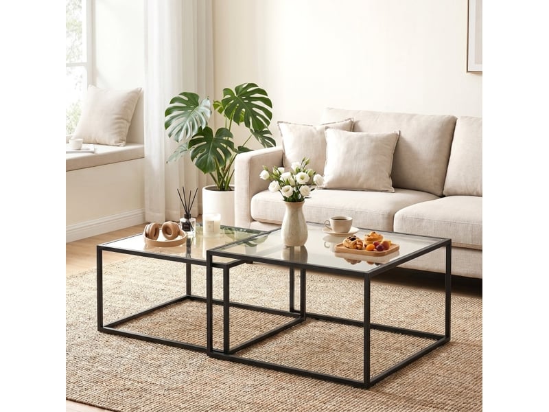  Lot de 2 tables basses gigognes en verre trempé et métal noir  - Conforama B