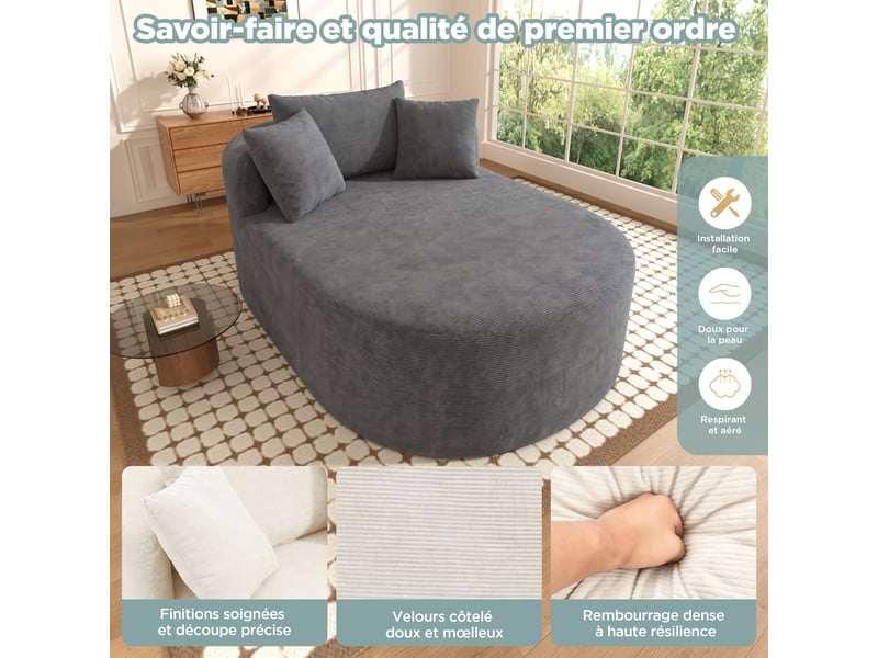  Fauteuil relax ovale compressé en velours côtelé, sans montage, assise profonde, gris  - Conforama D
