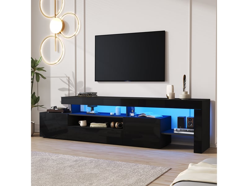 Meuble tv bas 192x37x53 cm pour tv 85 pouces, led, 3 portes abattantes, niches ouvertes, finition brillante - noir - Conforama B