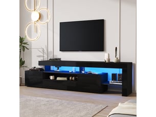 Meuble tv bas 192x37x53 cm pour tv 85 pouces, led, 3 portes abattantes, niches ouvertes, finition brillante - noir