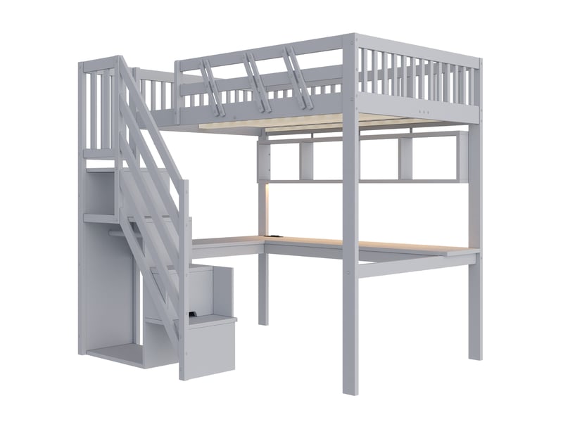 Lit mezzanine 140x200 cm avec bureau, led et prises usb bois gris sans matelas - Conforama D