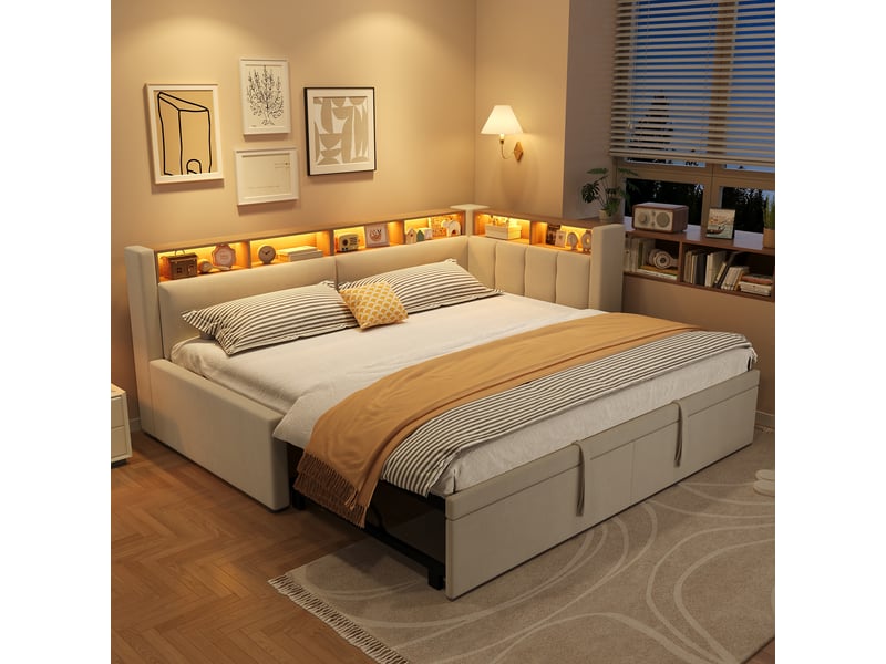 Canapé-lit 90 x 200 cm 180 x 200 cm – avec lit gigogne – avec éclairage led – revêtement en lin – beige (matelas non inclus) - Conforama D