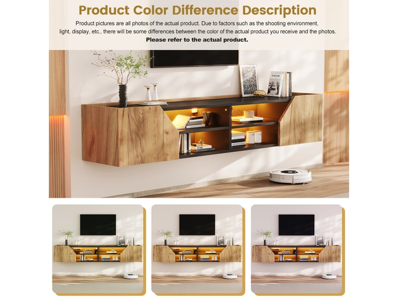  Meuble tv mural 180x36,5x40 cm, 6 rangements, led rgb bluetooth, mdf, panneaux de particules, noir et bois naturel  - Conforama E