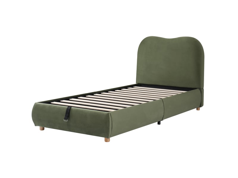  Lit rembourré pour enfant 90 × 200 cm, rangement hydraulique, avec sommier, tête de lit, tête de lit rembourrée, velours, vert  - Conforama R