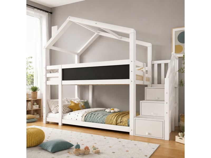  Lit superposé cabane enfant 2 x 90x200 cm blanc avec rangements et tableau  - Conforama B