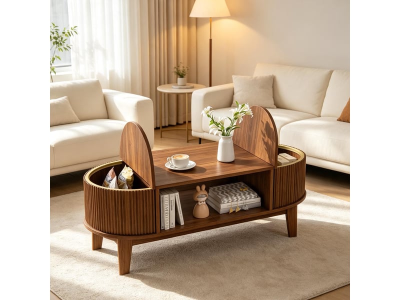  Table basse ovale – noyer – rangement triple –  couvercle relevable –  design rétro – 100×50×40,5 cm  - Conforama B