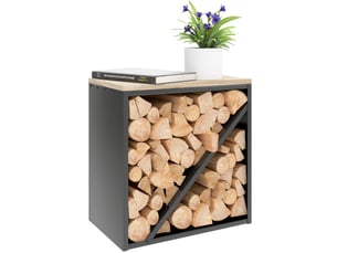 Porte-bûches intérieur 2 en 1, métal noir avec plateau en sapin, 58 x 36 x 60 cm