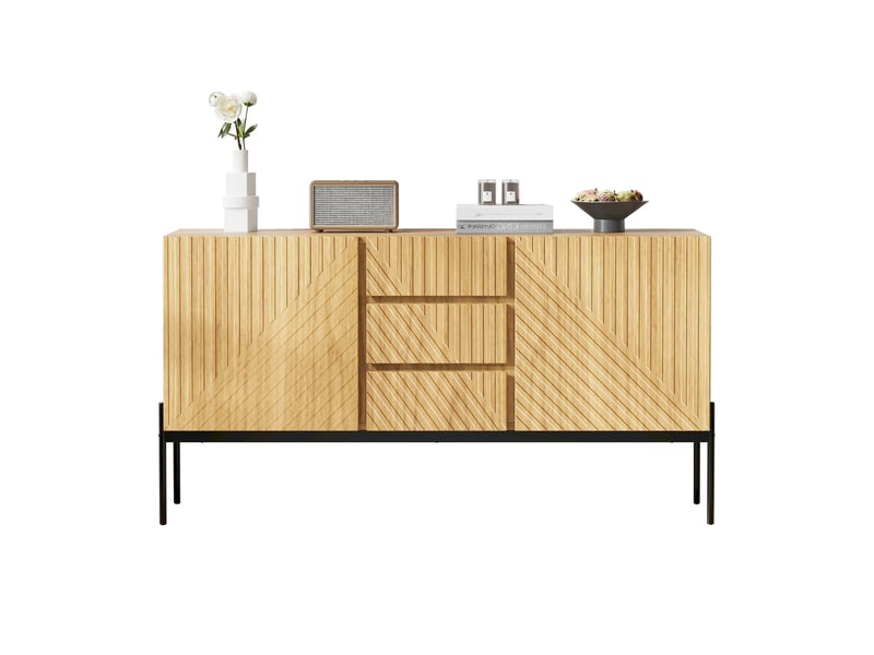  Meuble tv avec 2 portes, 3 tiroirs et pieds en métal, naturel, 140 x 40 x 75 cm  - Conforama A