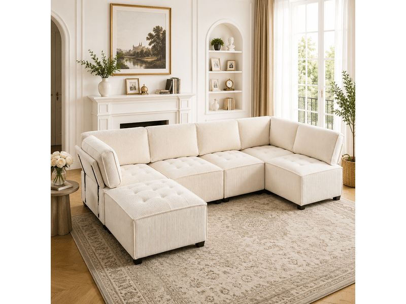  Canapé modulable 6 places en velours côtelé beige 308 x 154 x 81,99 cm avec poches de rangement, convertible salon 308x154x81.99cm - Conforama B