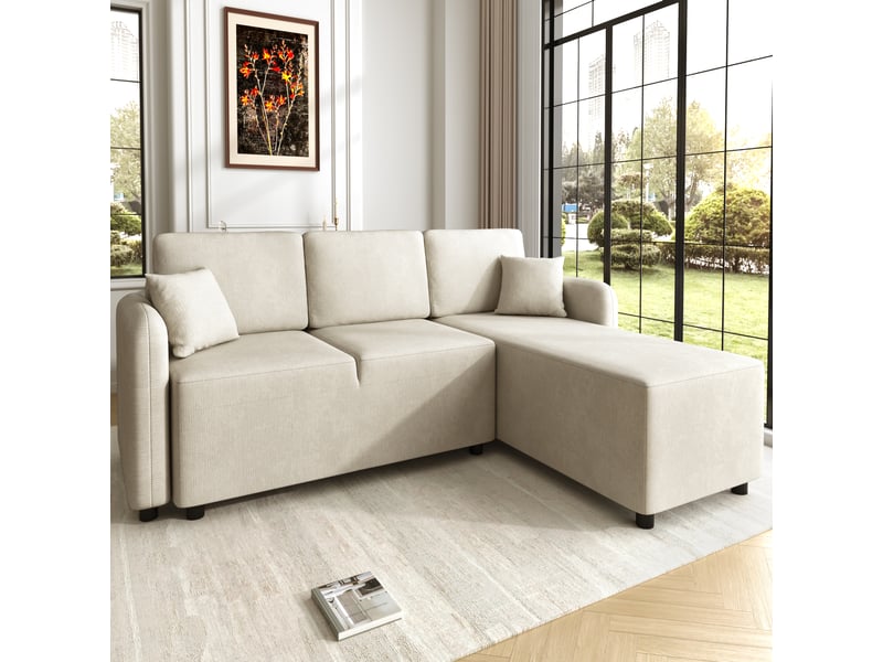  Canapé d'angle 3 places avec méridienne, canapé en l beige clair en tissu chenille, idéal pour petit espace, 187.5x144cm  - Conforama W