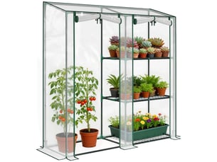Serre de jardin avec étagères 3 niveaux, petite serre en bâche pvc et châssis acier, 2 portes roulantes, transparent