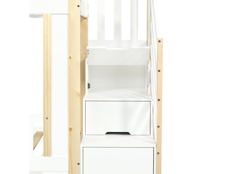  Lit superposé enfant 90x200 cm – blanc et naturel – escalier de rangement, 3 tiroirs - sans matelas  - Conforama E
