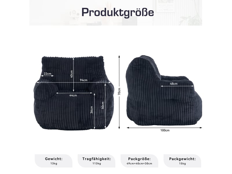  Fauteuil sac 010 fixe noir en velours côtelé, rembourré de flocons de mousse à mémoire de forme, 100 × 94 × 70 cm  - Conforama C