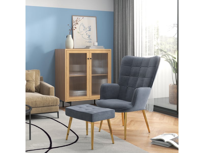  Fauteuil de salon, fauteuil avec repose pied, velours (100% polyester), 77x71x99cm, gris foncé  - Conforama C