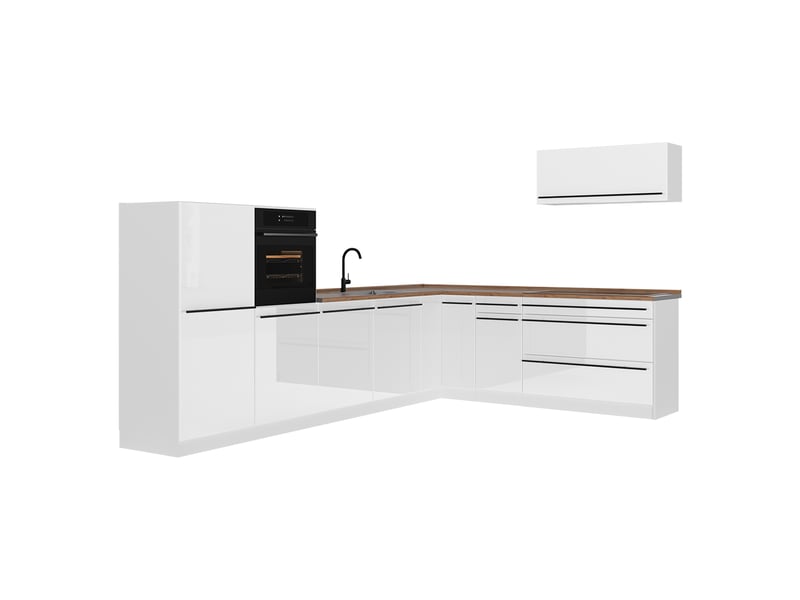 Vicco cuisine en angle, blanc haute brillanceblanc, 327 x cm plan de travail chêne doré - Conforama A