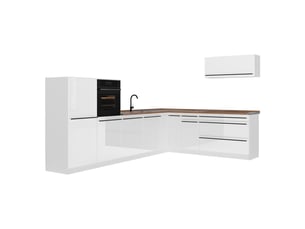 Vicco cuisine en angle, blanc haute brillanceblanc, 327 x cm plan de travail chêne doré