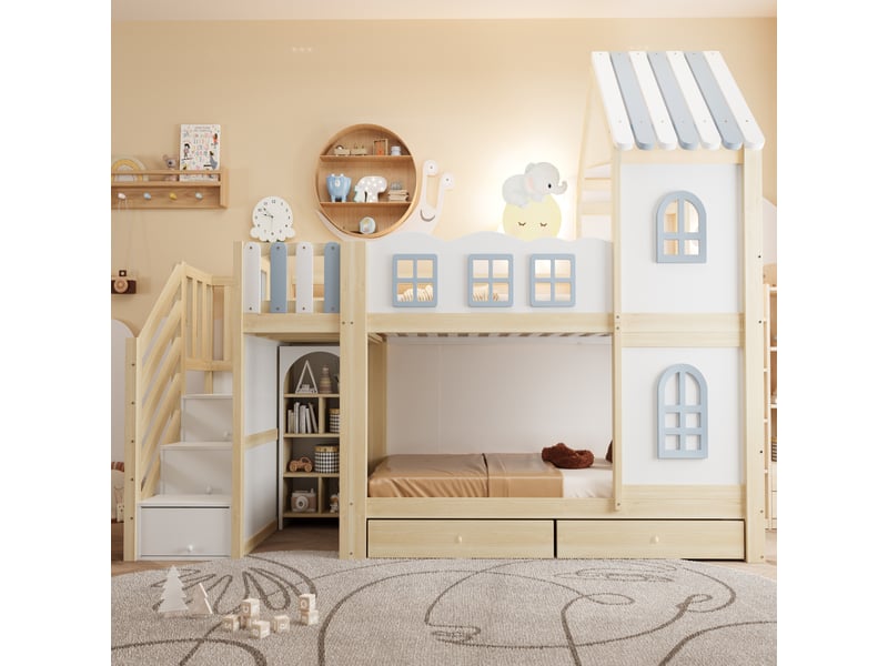  Lit superposé 90x200 cm, lit enfant, tiroirs, étagères, échelle sécurisée, motif nuage, bois gris, blanc, bois naturel  - Conforama D