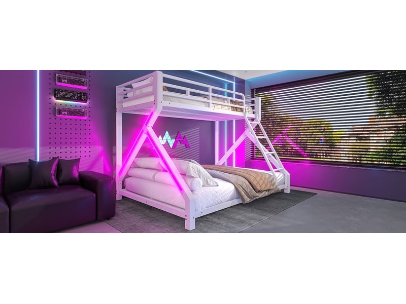  Lit superposé 90x200140x200 cm, avec led et barrières de sécurité, en métal, blanc, sans matelas  - Conforama D