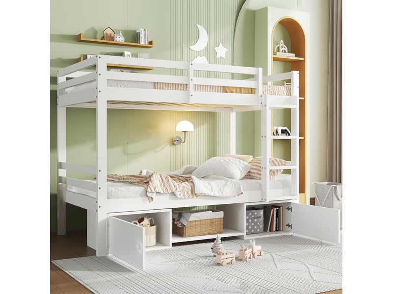  Lit superposé enfant blanc 90 x 200 cm avec étagères à chaussures et rangements fermés  - Conforama D