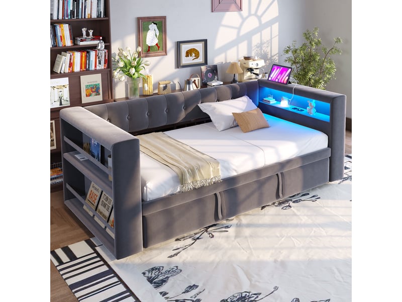  Modenvie canapé convertible 90180x190 cm - led multicolore, prise intégrée, rangement - pour salon - gris  - Conforama D