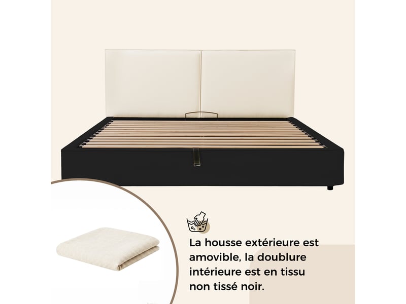  Lit adulte coffre,180x200 cm,avec sommier à lattes,lin,beige  - Conforama E