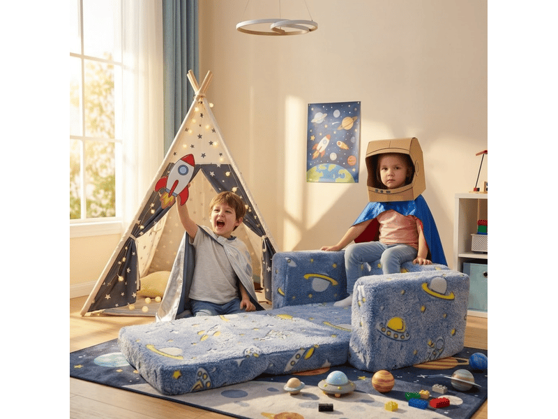 Fauteuil enfant pliable 103 x 63 x 38 cm bleu vert blanc, tissu peluche pour lire et se détendre - Conforama B