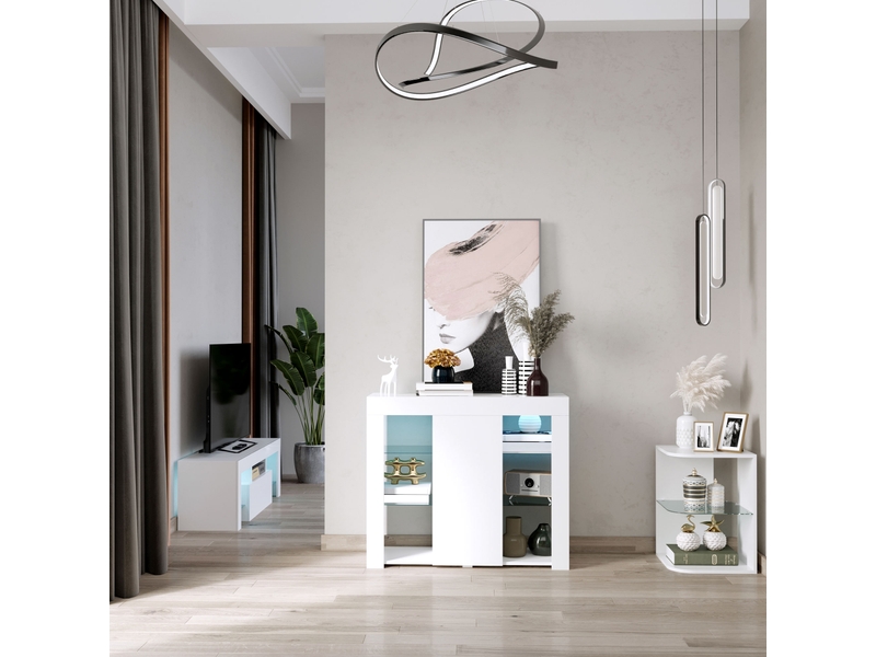  Buffet moderne avec éclairage led, une porte laquée brillante, fermeture à pression, étagères réglables et télécommande, 97 x 35 x 83 cm, blanc  - Conforama C