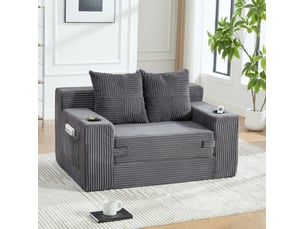 Canapé convertible 2 places modenvie en velours côtelé gris avec coussins, porte-gobelet et poches latérales