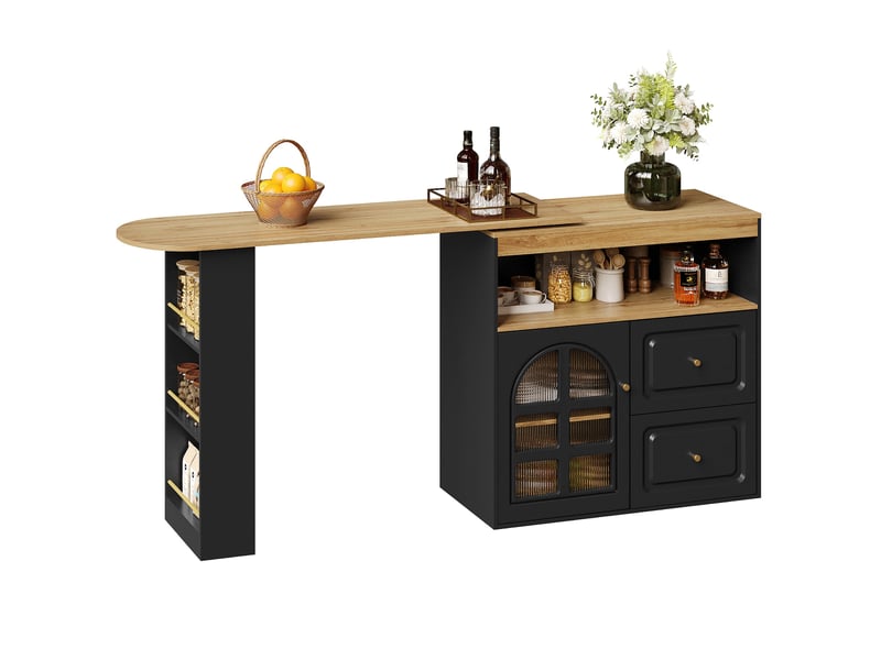  Table de bar pivotante à 360° et extensible, avec 2 tiroirs et porte vitrée, en mdf noir  - Conforama A