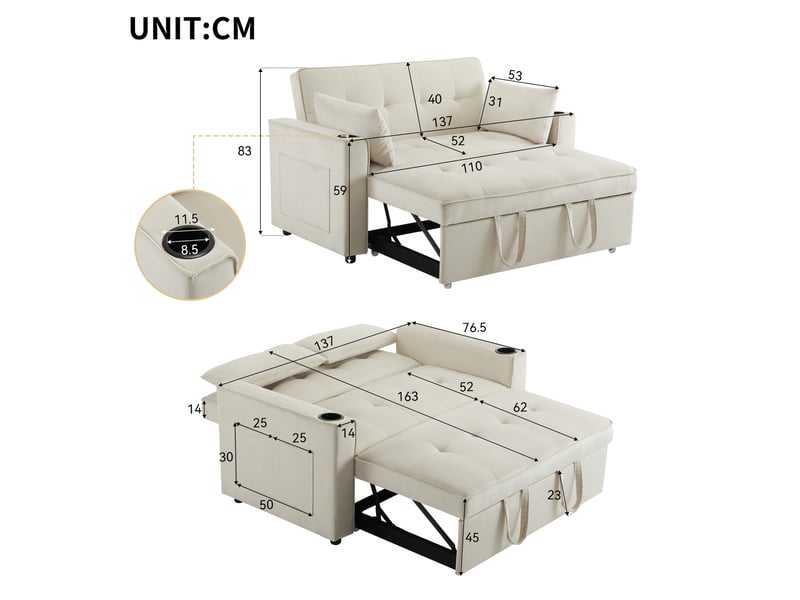 Canapé convertible 2 places beige en velours, canapé-lit multifonction avec rangement intégré pour salon - Conforama C