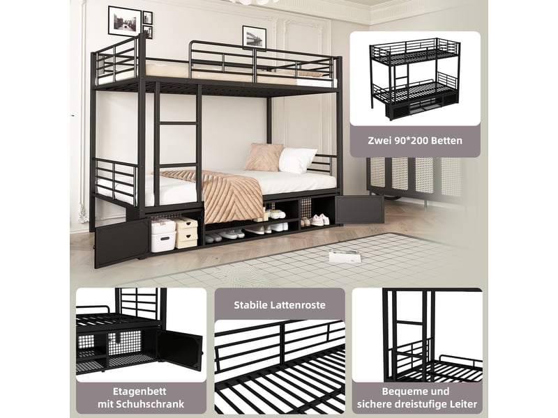 Lit superposé 90 × 200 cm 2 places avec échelle, rangements chaussures et placards, sans matelas, métal noir - Conforama E