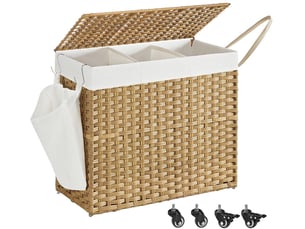 Panier à linge tissé main 76 x 33 x 66 cm avec couvercle 3 compartiments moderne salle de bain en plastique gris 12_0010810