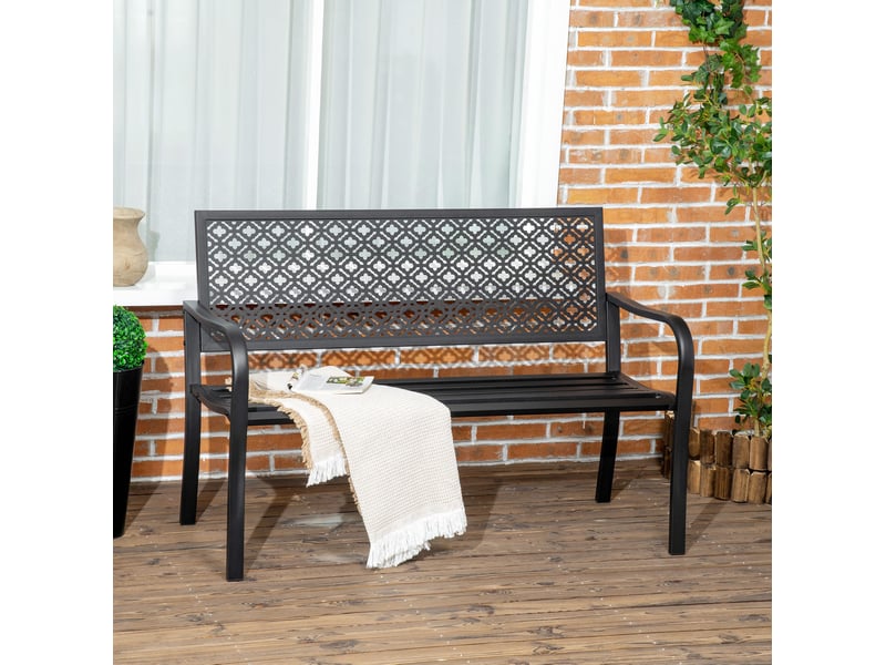 Banquette de jardin 2 places noire en acier avec dossier fleuri et accoudoirs, idéale pour terrasse et jardin - Conforama B