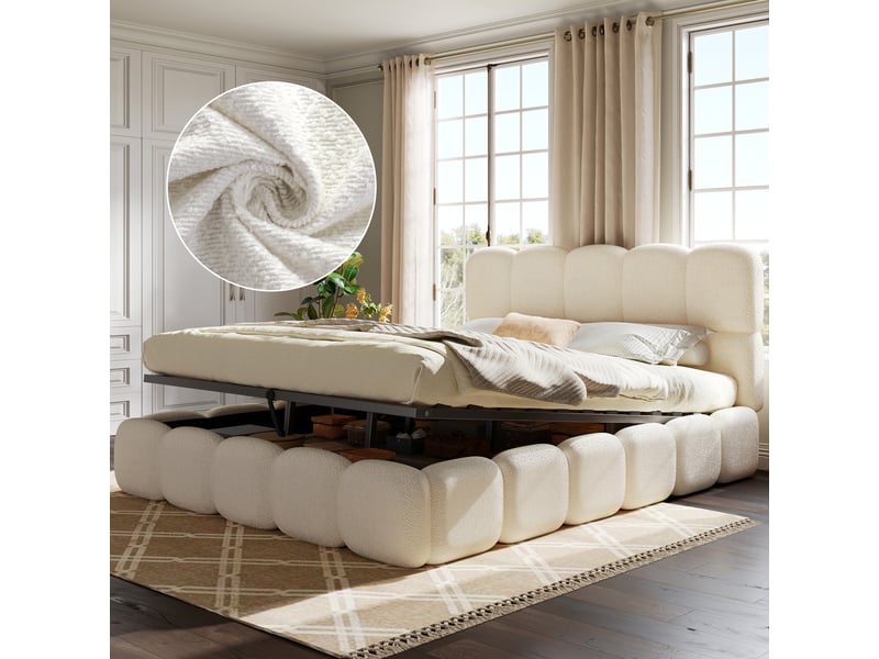  Lit coffre rembourré 180x200 cm, rangement hydraulique, tête de lit capitonnée aux lignes arrondies, sommier à lattes, bouclé blanc Radiant Stride - Conforama B