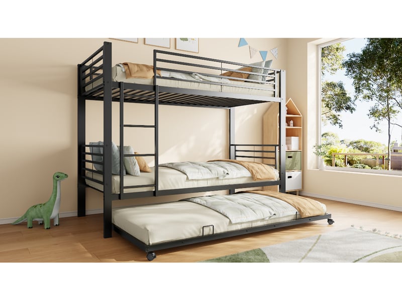  Lit superposé, lit enfant 90x200 cm, 3 couchages, lit gigogne, barrière antichute, échelle sécurisée, métal noir  - Conforama D