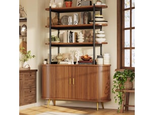 Buffet de cuisine - 120x40x183cm - meuble avec portes tambour cannelées, étagère 4 niveaux, pieds dorés - marron foncé
