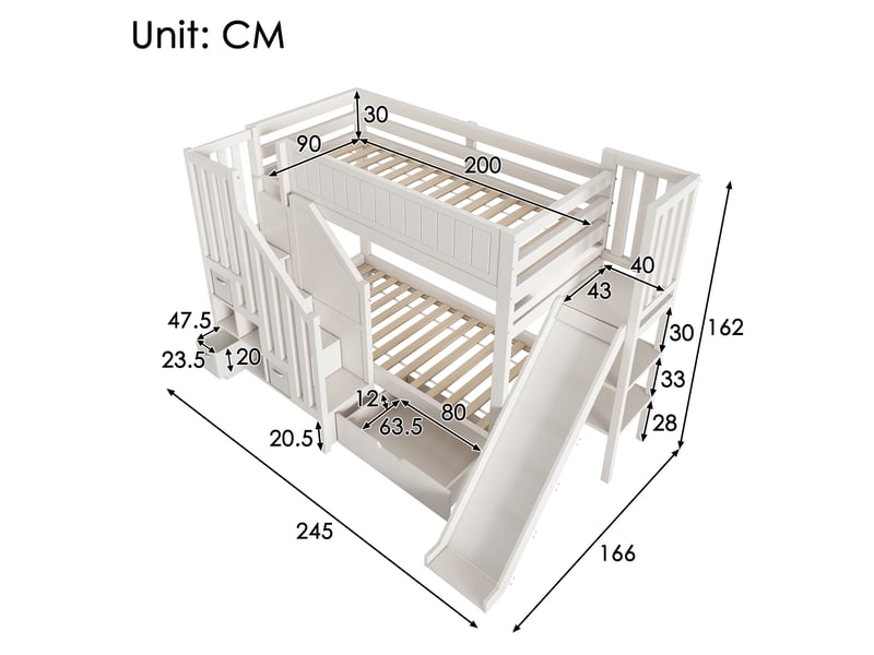  Lit superposé enfant 90x200 cm, lit double, toboggan et rangement, tiroir, style moderne, bois, blanc, sans matelas  - Conforama C