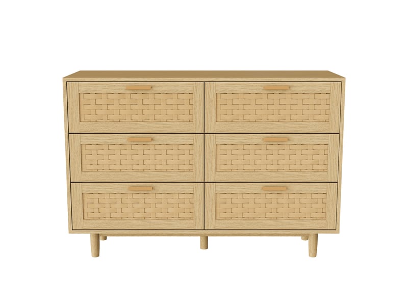  Buffet en bois massif avec 5 tiroirs en rotin, bahut meuble de rangement style bohème et rustique pour salon salle à manger, 115x40x80 cm - naturel  - Conforama A