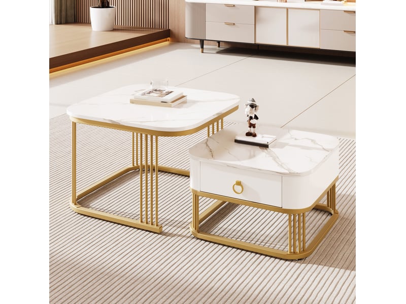  Table basse 60x60x42+50x50x33.5cm, plateau motif marbre, meuble salon, table gigogne avec tiroir, en mdf, or+coloris blanc  - Conforama E