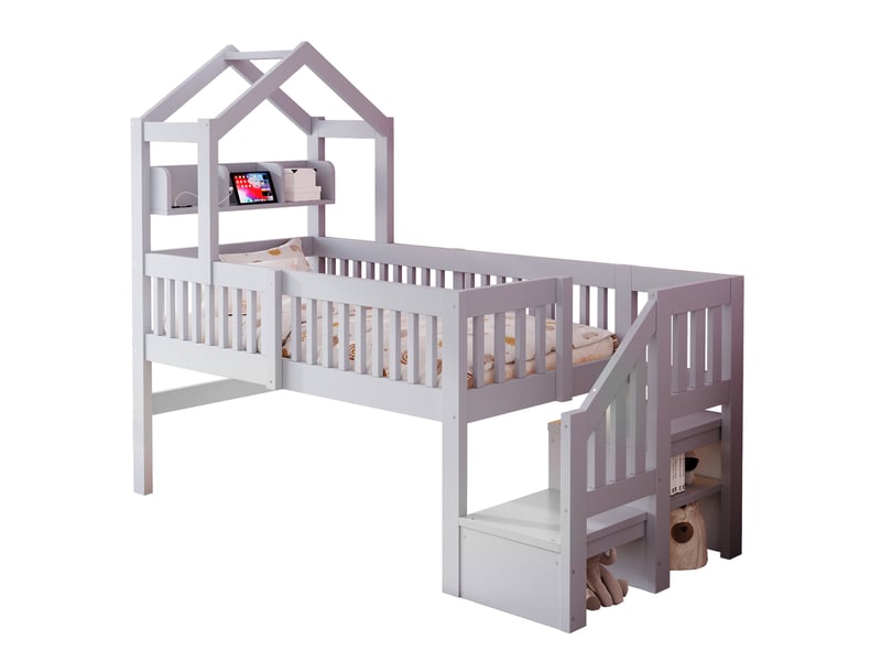 Lit mezzanine enfant 90x200 cm avec rangements et éclairage led, bois et mdf, gris sans matelas - Conforama A
