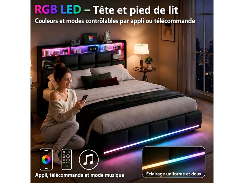  Kefsr lit coffre 160x200 cm, lit double adulte capitonné en similicuir avec led rgb, tête de lit rangement et ports de charge, noir  - Conforama D
