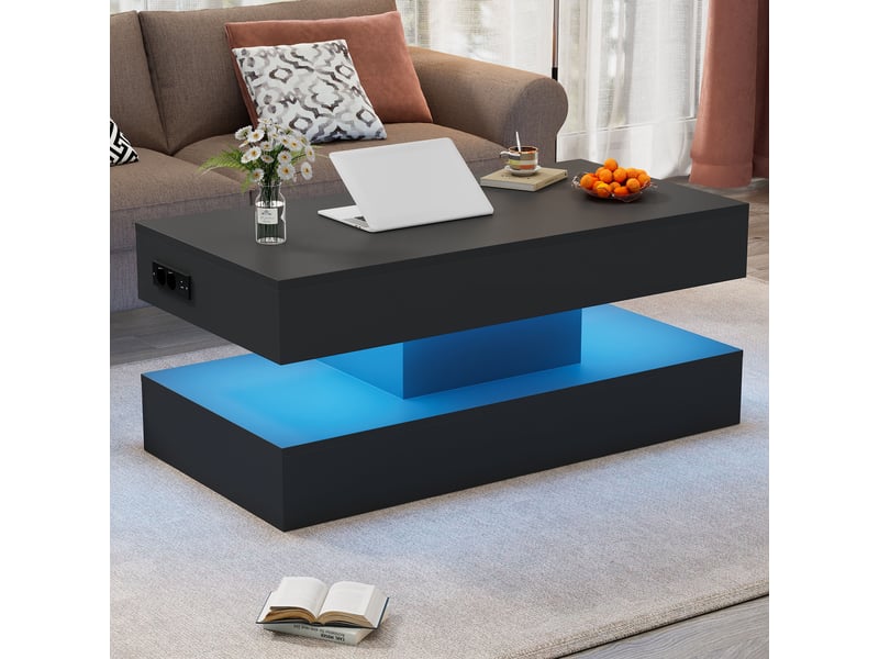 Table basse relevable rectangulaire moderne avec rangement caché, led et prises eu, noir, 100×50×42 cm - Conforama D