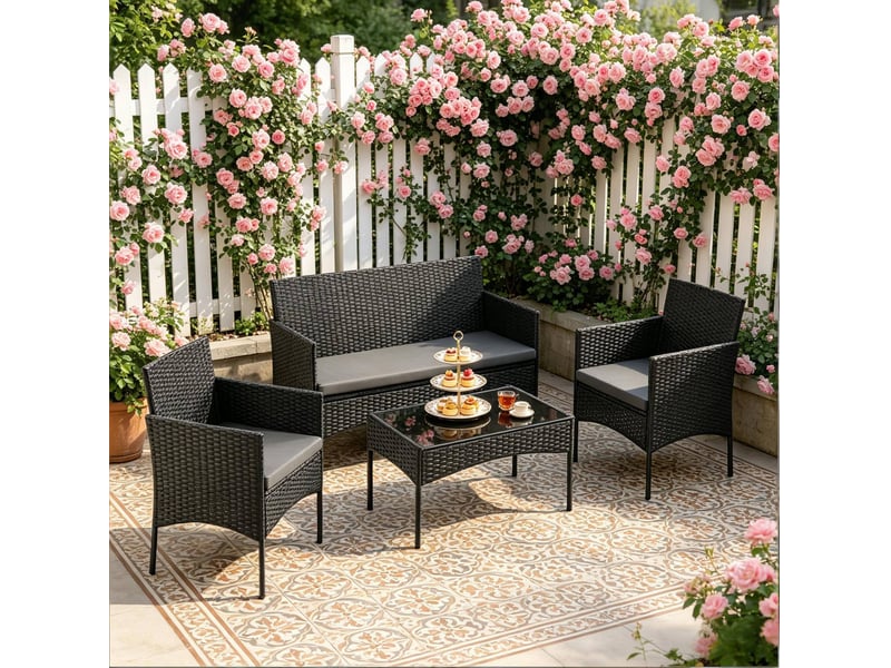 Salon de jardin 4 places noir en rotin pe, canapé 2 places, 2 fauteuils et table basse avec verre trempé 5 mm - Conforama E
