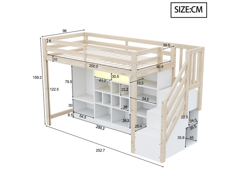 Lit mezzanine 90x200 cm, avec éclairage led, échelle latérale intégrée, armoire, espace de rangement, bois et mdf blanc naturel - Conforama C