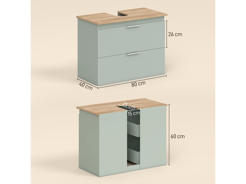  Meuble sous lavabo, meuble de salle de bain avec 2 tiroirs, style moderne, 80 x 40 x 60 cm, vert et bois naturel  - Conforama E