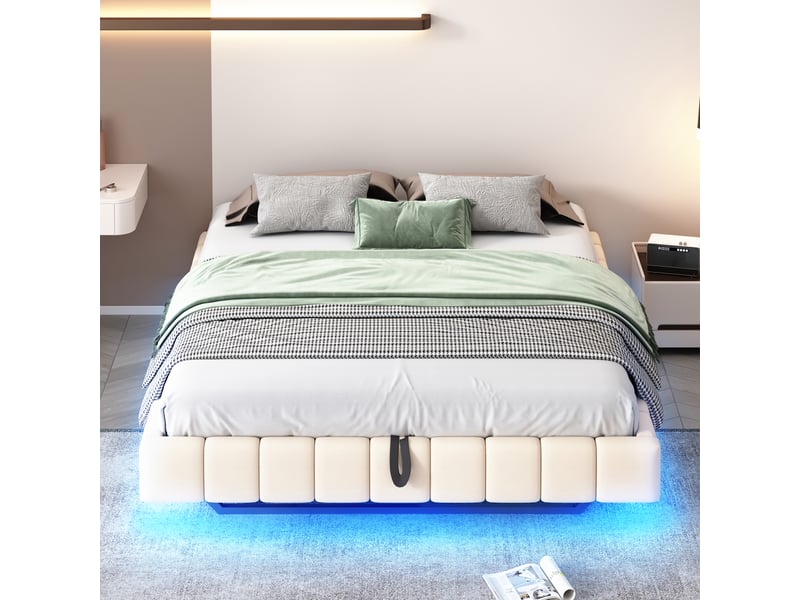  Lit capitonné 160x200 cm cadre hydraulique rangement led toile beige sans tête  - Conforama D