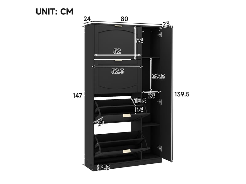  Meuble à chaussures 80x24x147 cm avec miroir, 4 abattants et étagères réglables, rangement gain de place - Noir Fay Lum - Conforama C